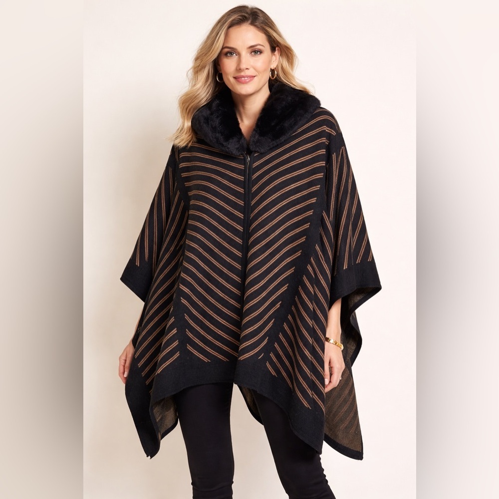 Anne Klein NWT Black Coffee Striped Women's‎ Sweater Poncho Coat Oversized Sm